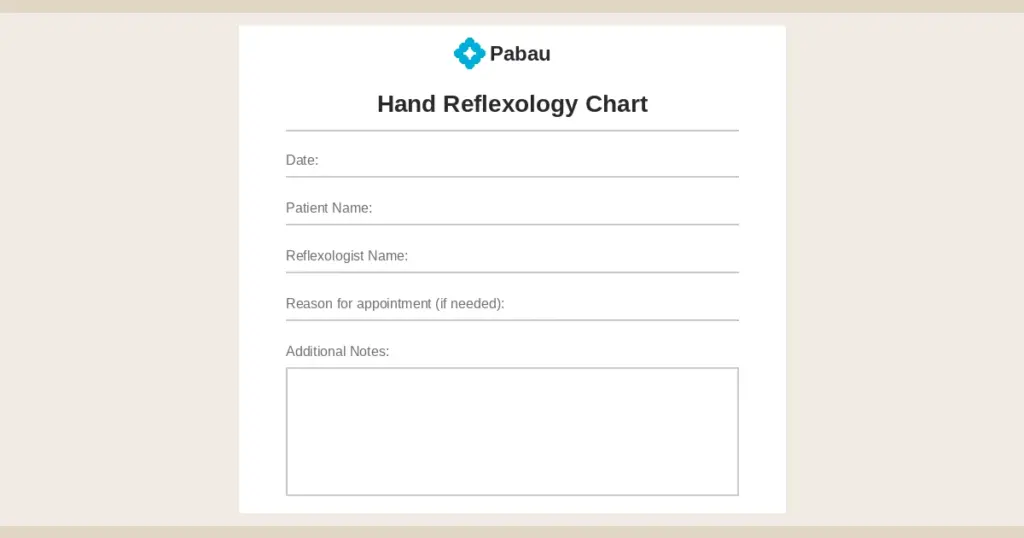 Hand reflexology chart session note template with fields for date, patient name, reflexologist name, reason for appointment, and additional notes.