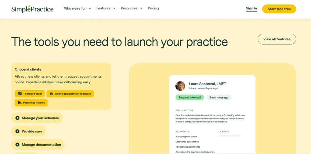 SimplePractice homepage.