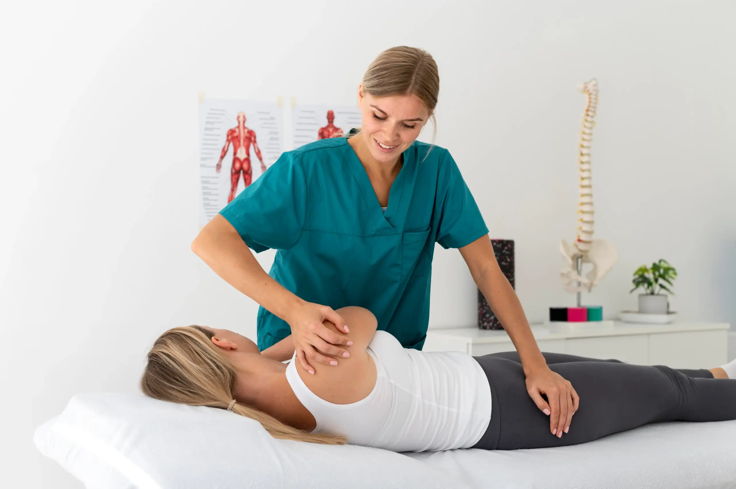 Practitioner assessing a patient's lower limb during a musculoskeletal examination for a suspected foot stress fracture