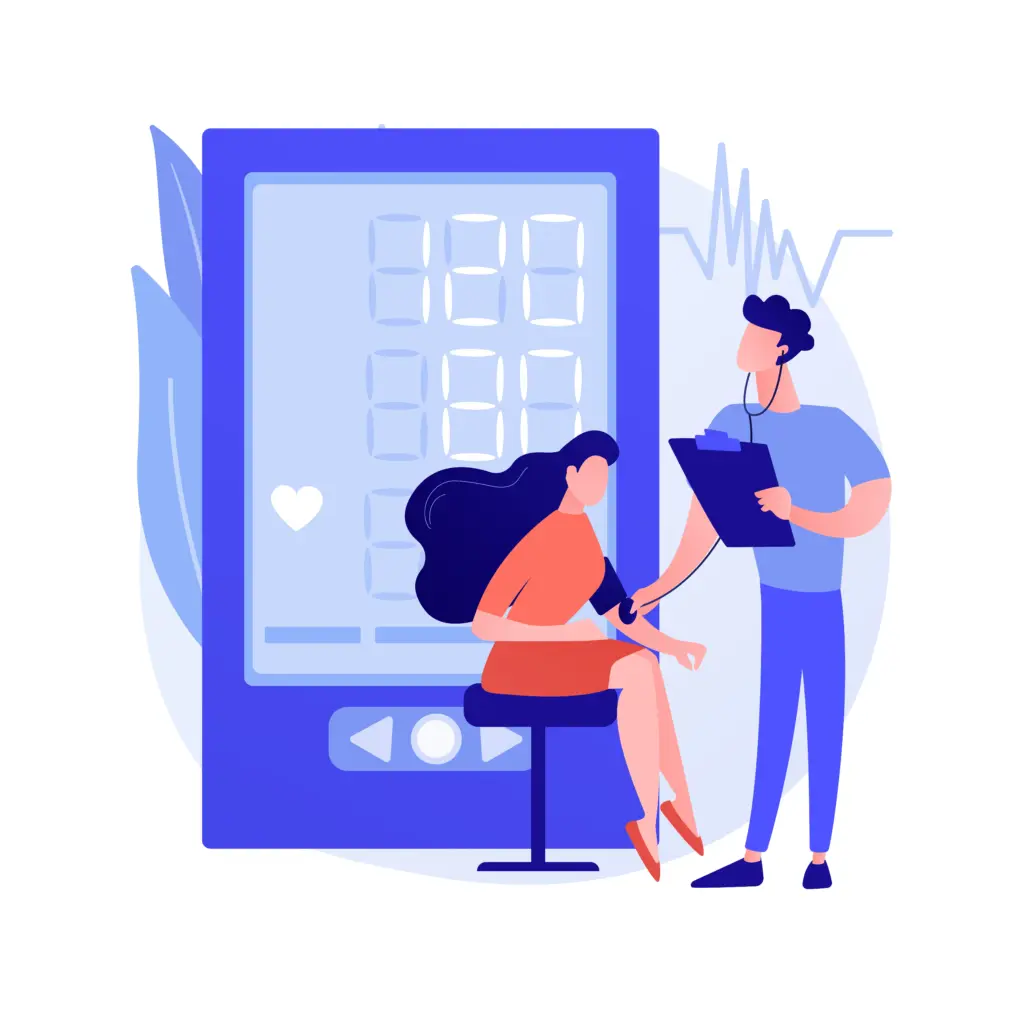 Illustration of a patient undergoing a blood pressure check by a healthcare professional, with a digital medical monitor in the background.