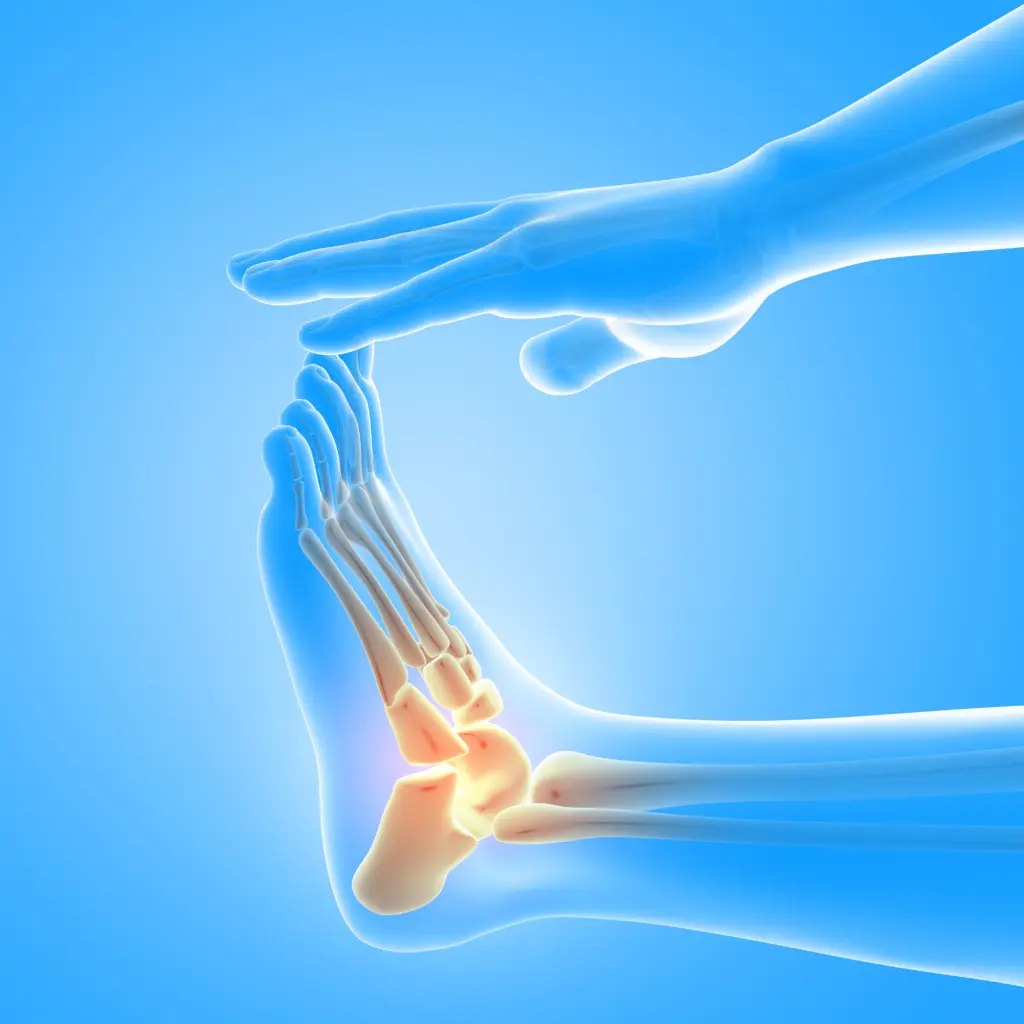 3d male medical figure with close up of foot with bones highlighted.