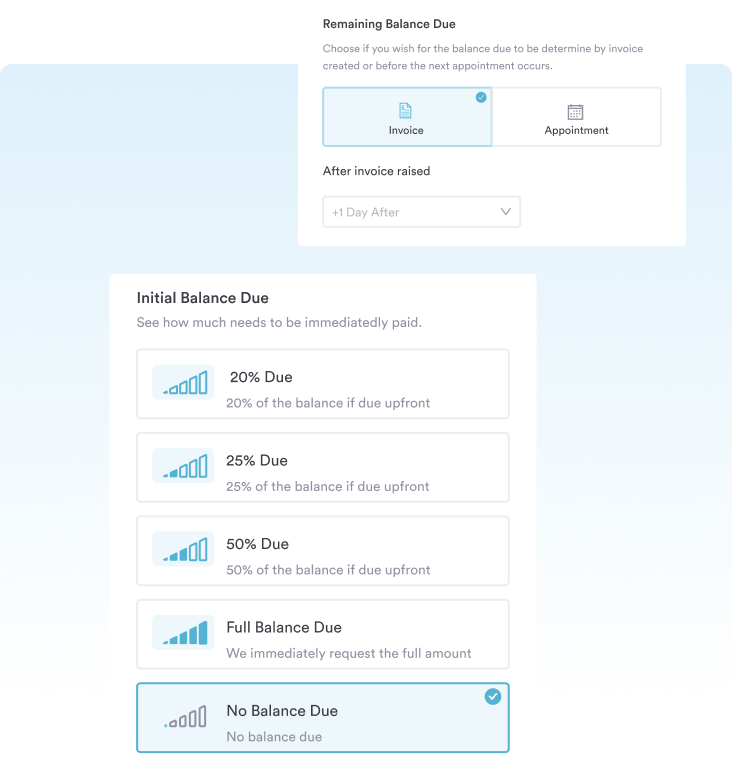 Pabau payment policy settings for deposits and remaining balances