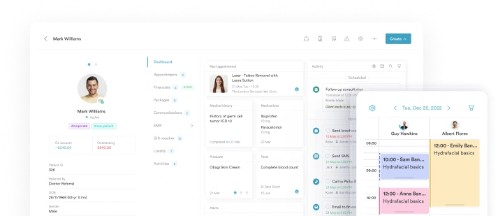 Pabau client record and calendar on laptop and tablet