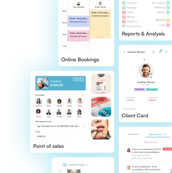 Pabau online bookings, point of sale, reports and client card screens