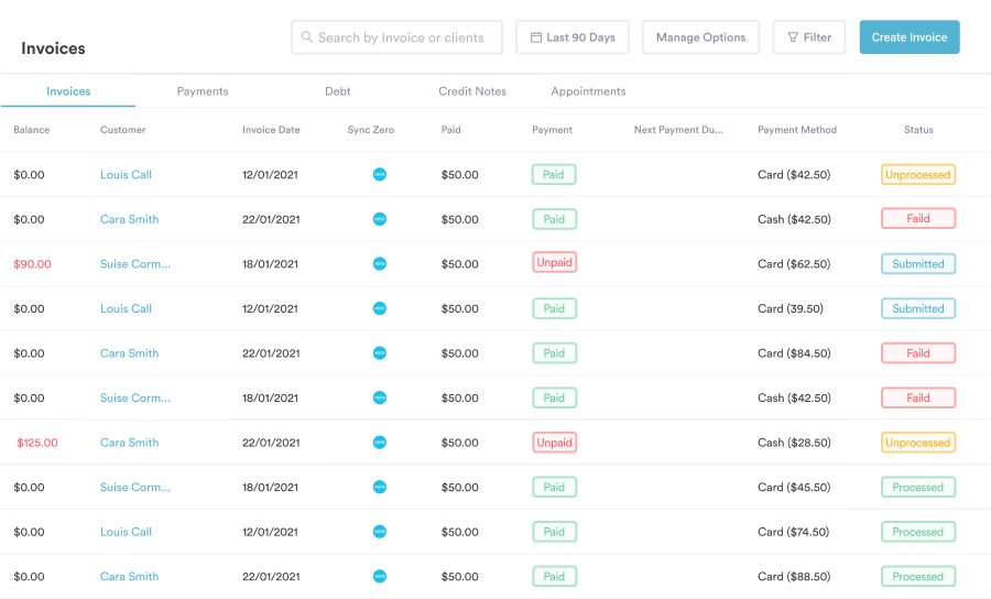 Pabau invoice list showing Xero sync status, payment method, and balance for each client