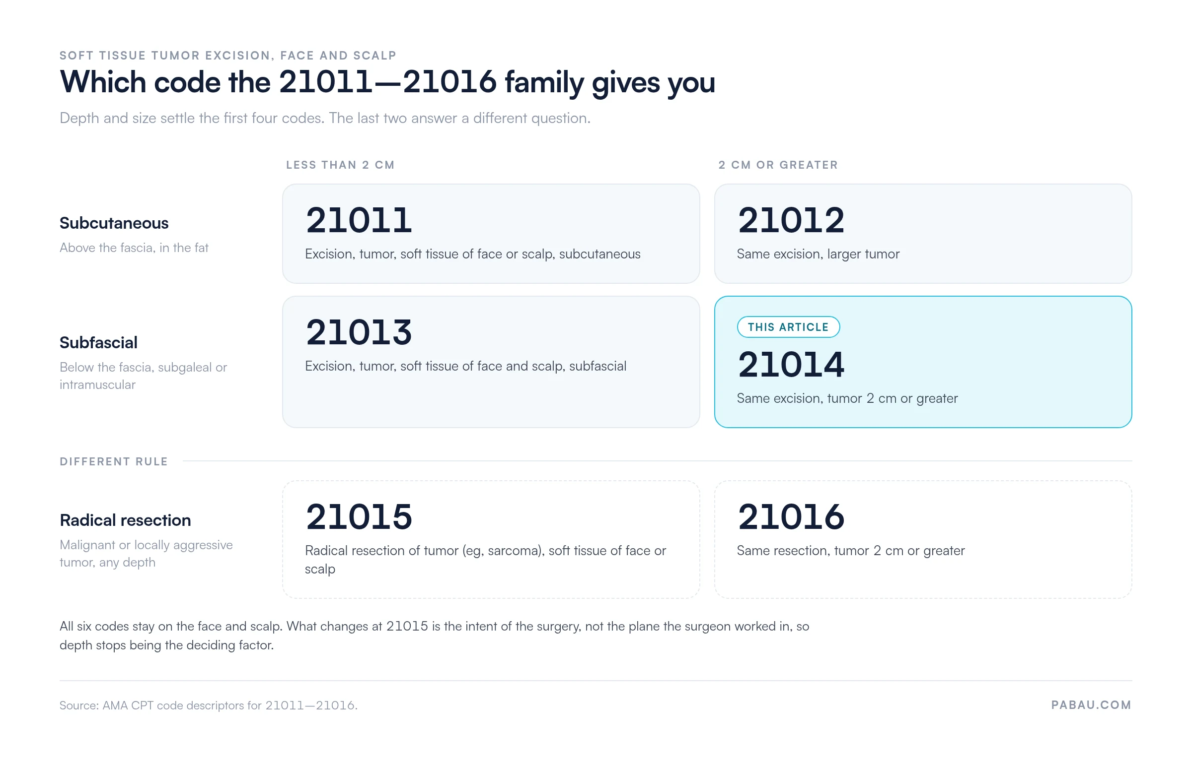 Grid of the CPT 21011 to 21016 family for face and scalp soft tissue tumors