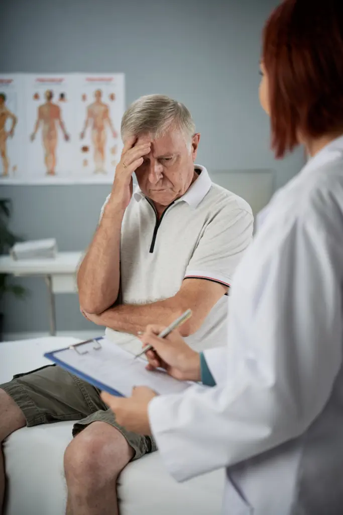 Older adult with a doctor performing a physical examination for a headache.