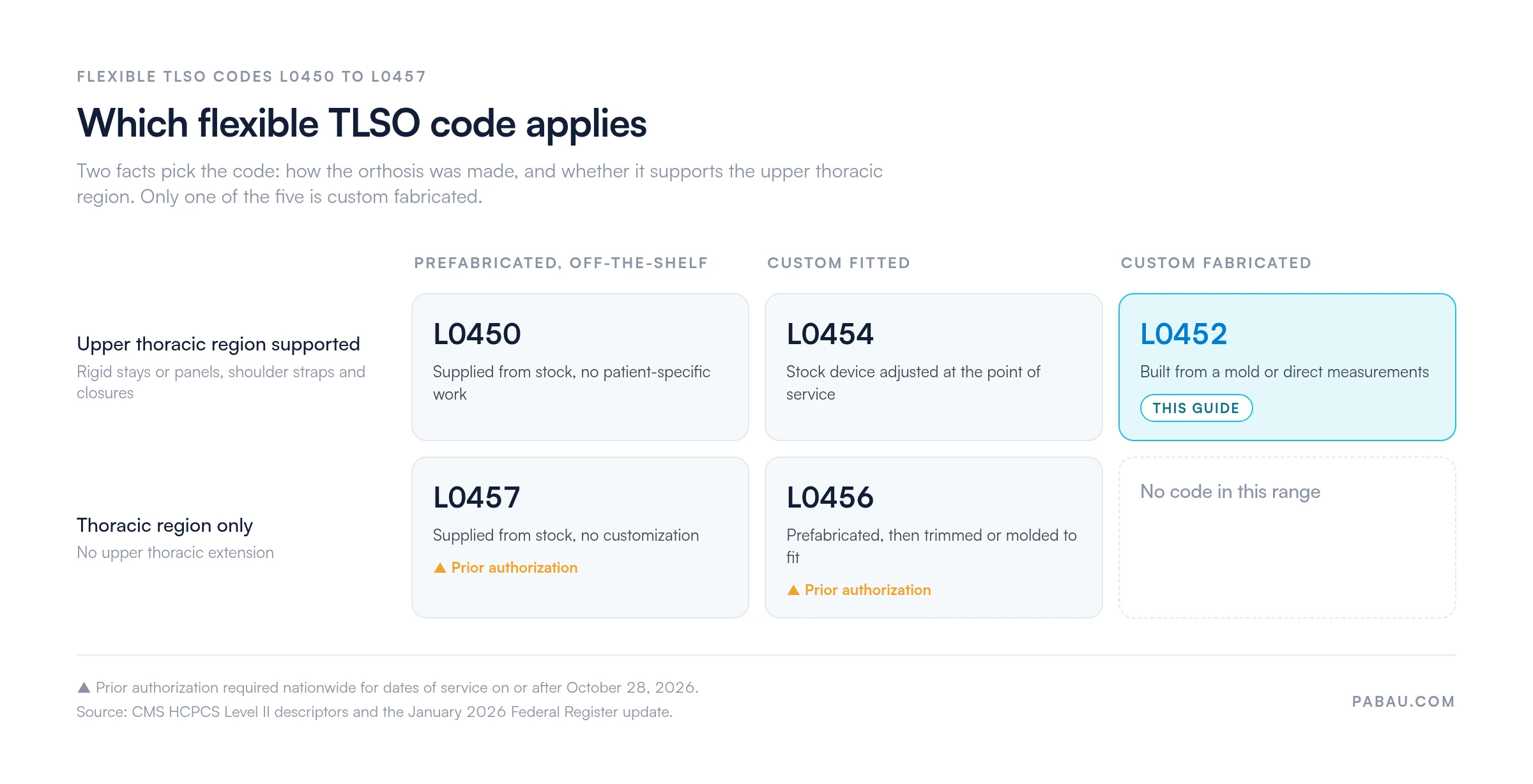 Grid of flexible TLSO codes by fabrication method and trunk region.