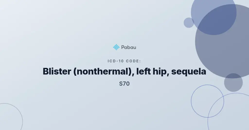 Pabau ICD-10 code card titled Blister (nonthermal), left hip, sequela, with the S70 category label beneath it.