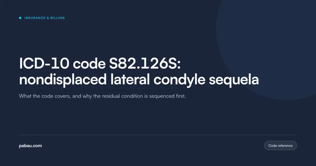 Pabau blog card: ICD-10 code S82.126S, nondisplaced lateral condyle sequela, with the note that the residual condition is sequenced first.