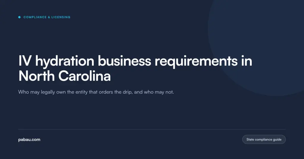 Pabau blog card: IV hydration business requirements in North Carolina, covering who may legally own the entity that orders the drip