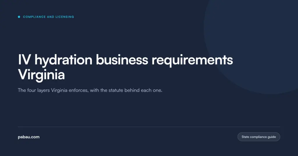 Pabau blog card: IV hydration business requirements Virginia, the four layers Virginia enforces with the statute behind each one