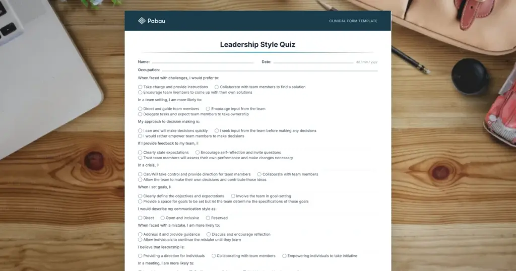 Preview of the printable Pabau leadership style quiz PDF showing ten forced-choice statements with three options each