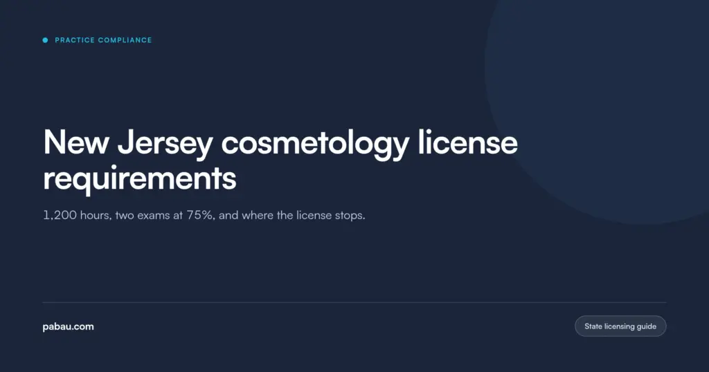 Pabau blog card: New Jersey cosmetology license requirements, covering 1,200 training hours, two exams at 75%, and where the license stops