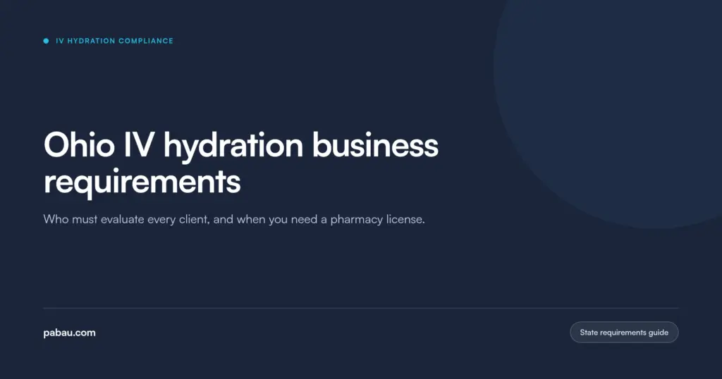 Pabau blog card: Ohio IV hydration business requirements, covering who must evaluate every client and when a pharmacy license is required