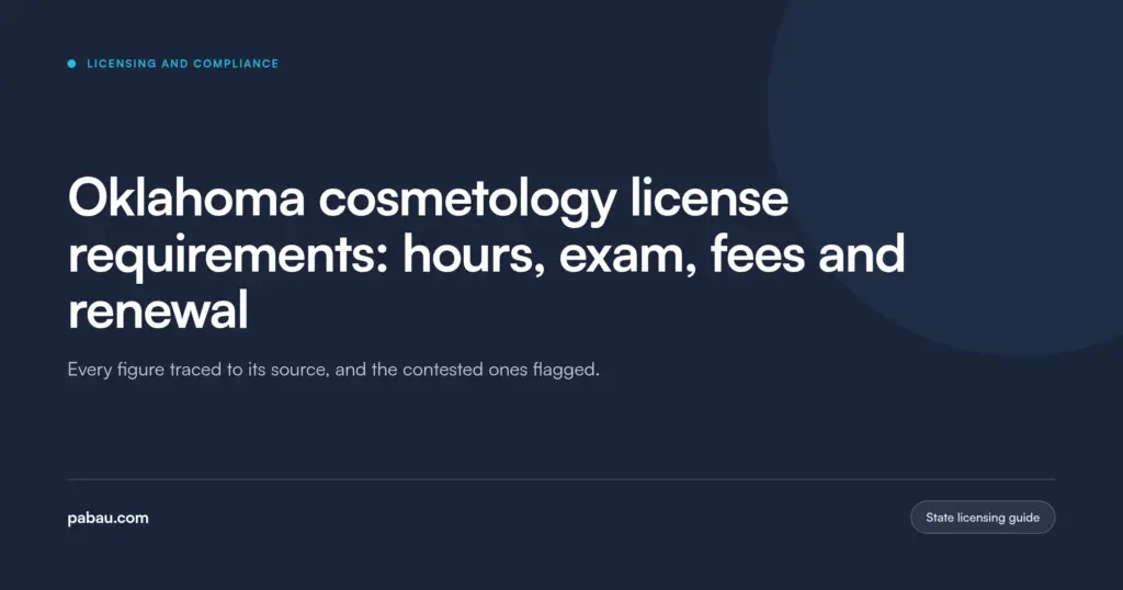 Pabau blog card: Oklahoma cosmetology license requirements, covering hours, exam, fees and renewal