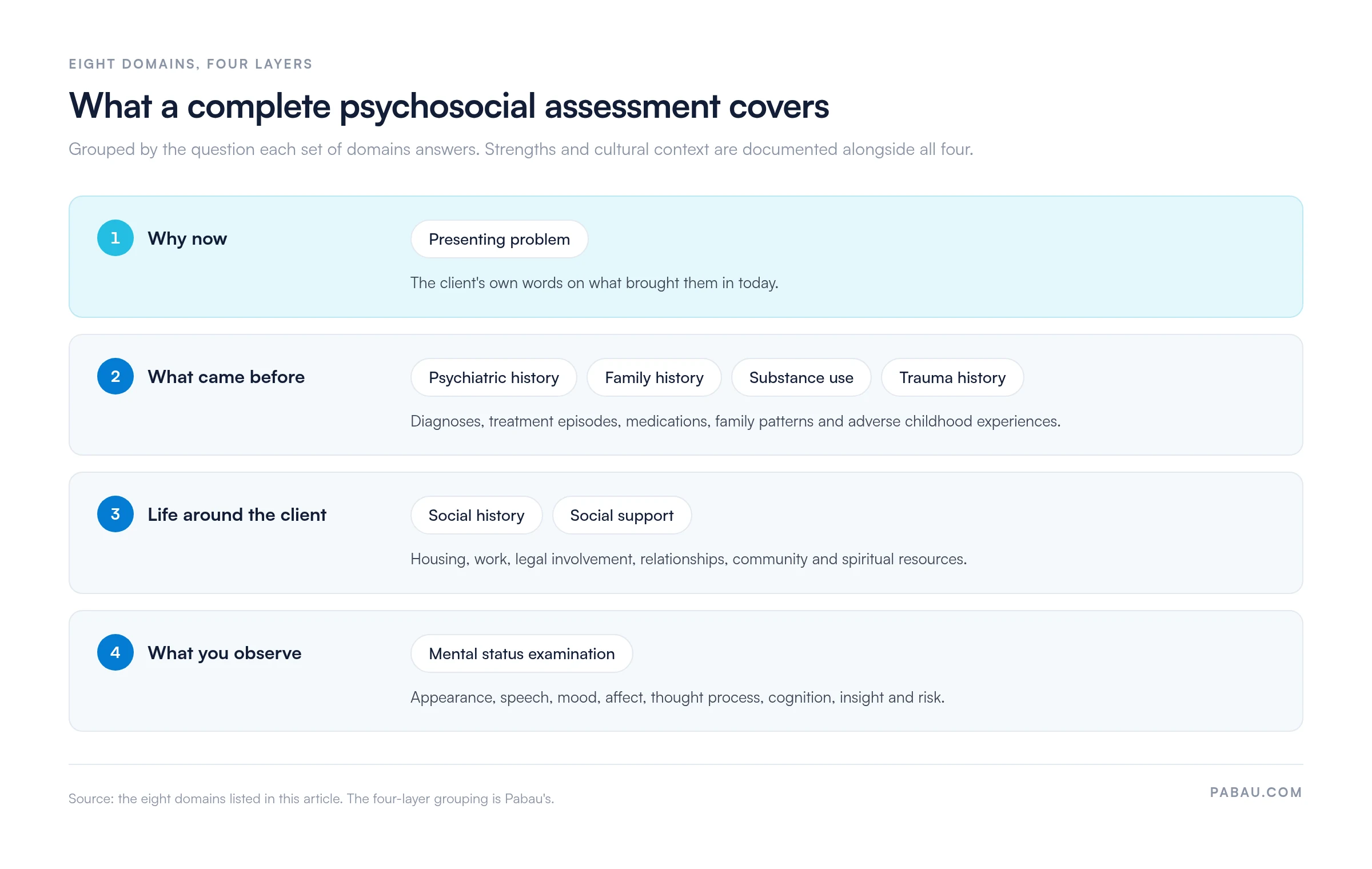 Diagram grouping the eight psychosocial assessment domains into four layers: presenting problem; psychiatric, family, substance use and trauma history; social history and social support; and the mental status examination