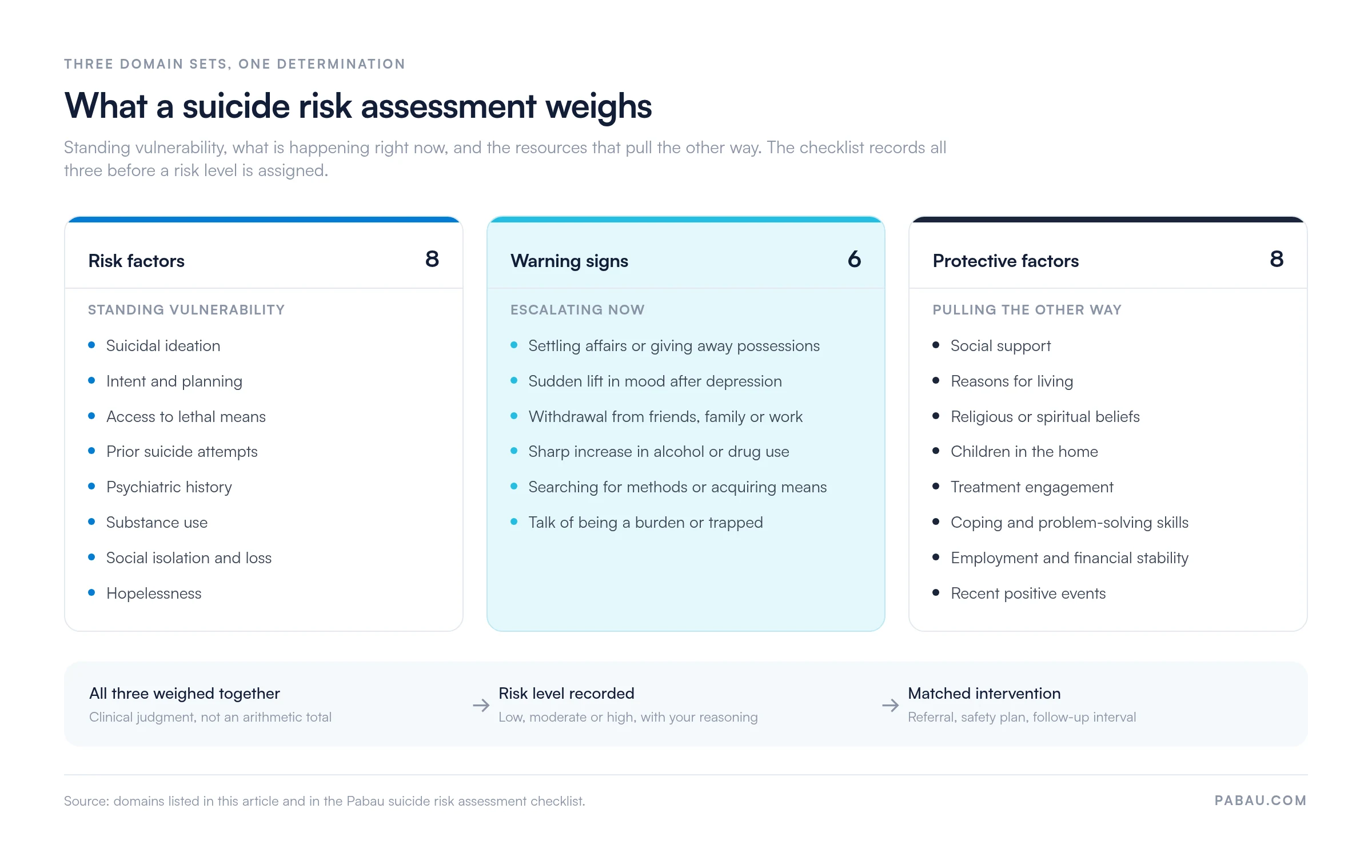 Chart of standing risk factors, acute warning signs and protective factors weighed