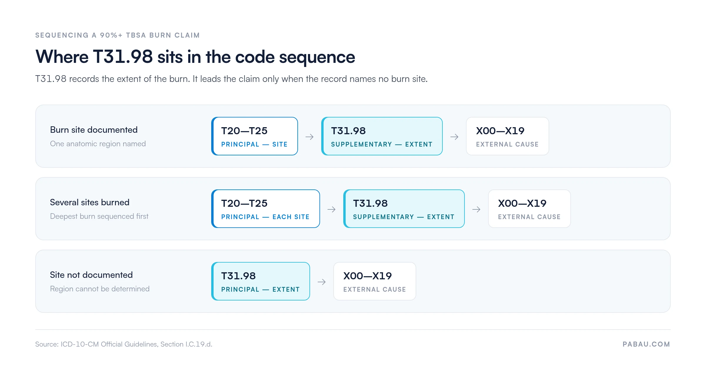 T31.98 burn coding sequence diagram: principal vs supplementary code by site documentation