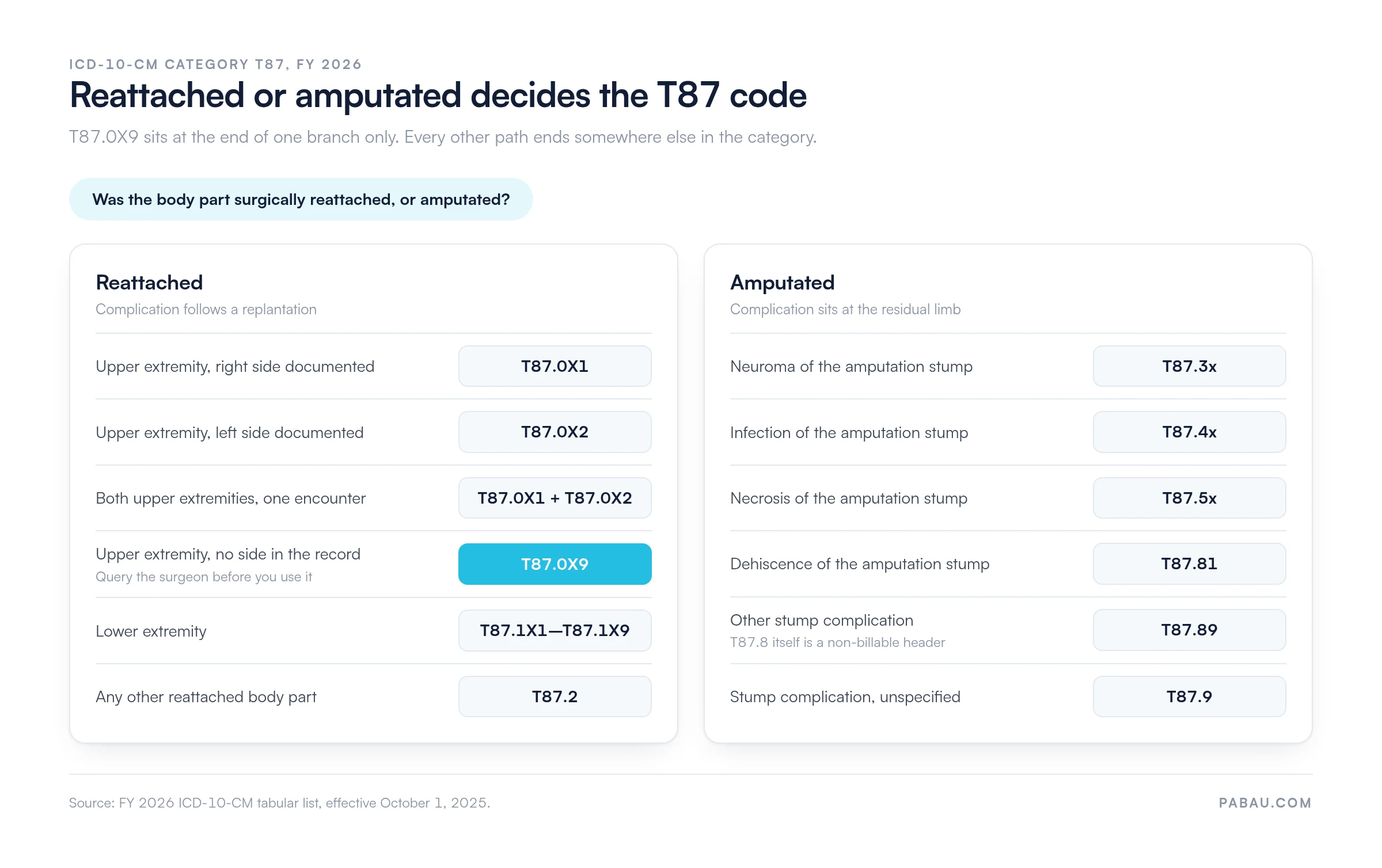 Decision chart for ICD-10-CM category T87. Reattached branch: right upper extremity T87.0X1, left T87.0X2, bilateral T87.0X1 plus T87.0X2, no side documented T87.0X9, lower extremity T87.1X1 to T87.1X9, other body part T87.2. Amputated branch: neuroma T87.3x, infection T87.4x, necrosis T87.5x, dehiscence T87.81, other T87.89, unspecified T87.9.