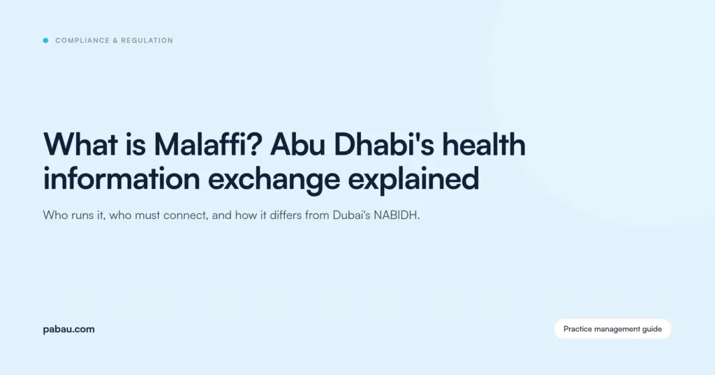 Pabau blog card: what is Malaffi, Abu Dhabi's health information exchange explained, and how it differs from Dubai's NABIDH
