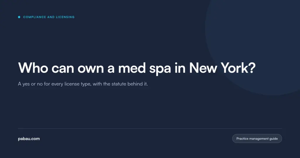 Pabau blog card: Who can own a med spa in New York? A yes or no for every license type, with the statute behind it