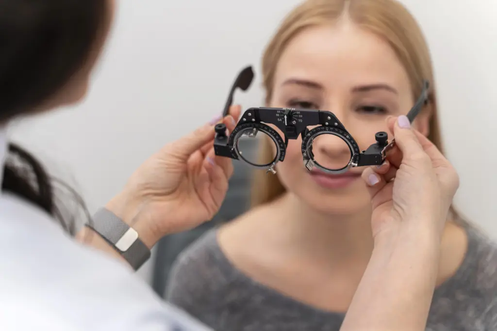 Woman having an eye examination during a consultation.
