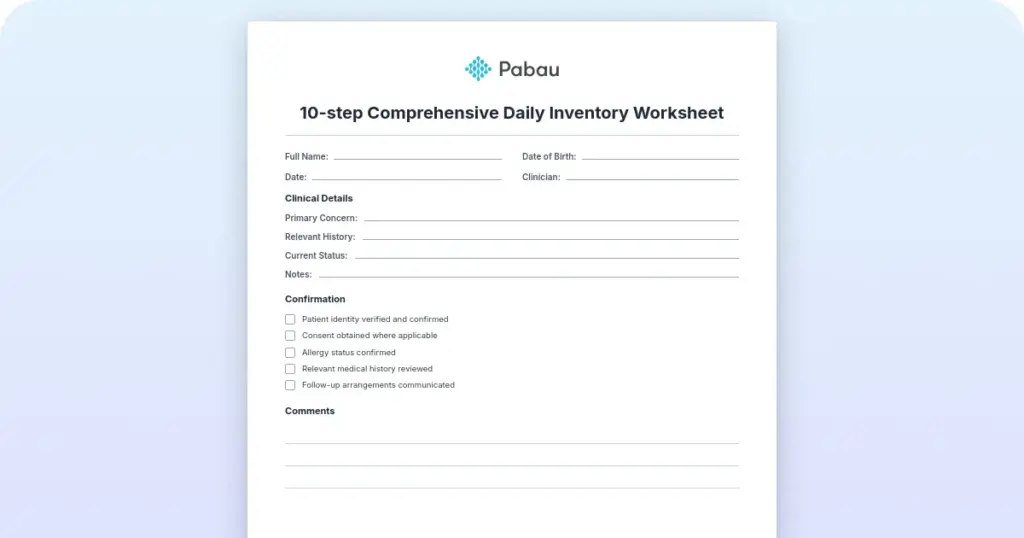 10-Step comprehensive daily inventory worksheet preview from Pabau