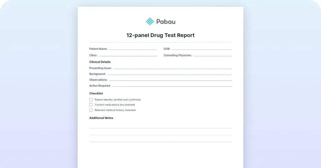 12-panel drug test report preview from Pabau