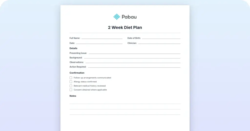 2 Week diet plan for weight loss: Free PDF template preview from Pabau