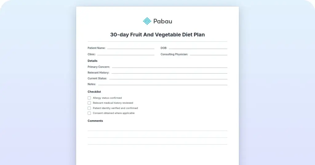 30-Day fruit and vegetable diet plan preview from Pabau