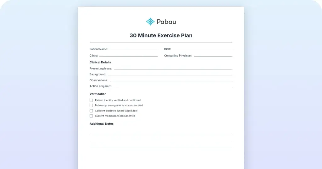 Downloadable 30 minute exercise plan template for recording patient exercise goals, actions, and reviews
