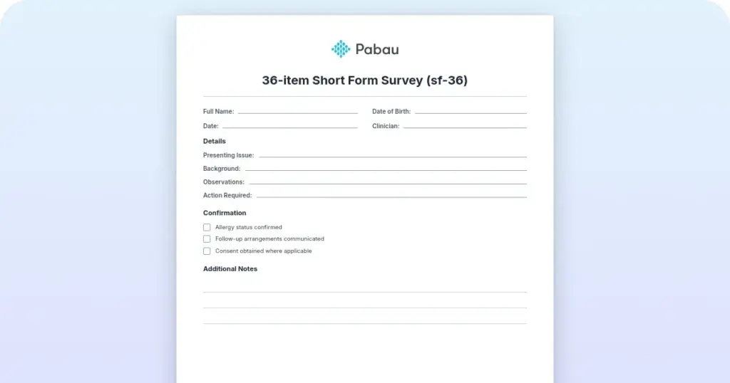 SF-36 questionnaire template preview from Pabau