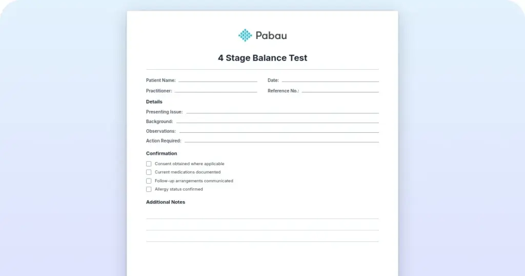4 Stage balance test: Scoring, steps, and free template preview from Pabau