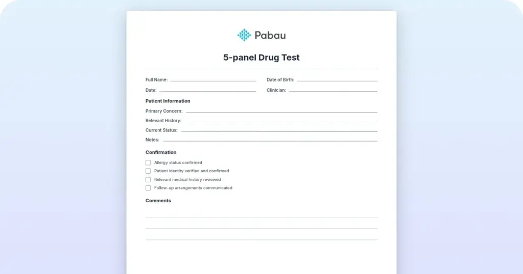 Free 5-panel drug test form (DOT-compliant) preview from Pabau