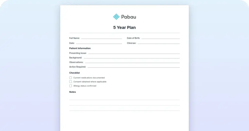 5-Year strategic plan template for healthcare practices preview from Pabau