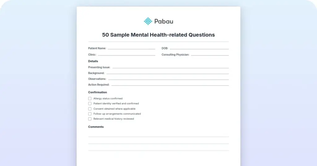 50 Sample mental health-related questions to enhance patient assessment in your practice preview from Pabau