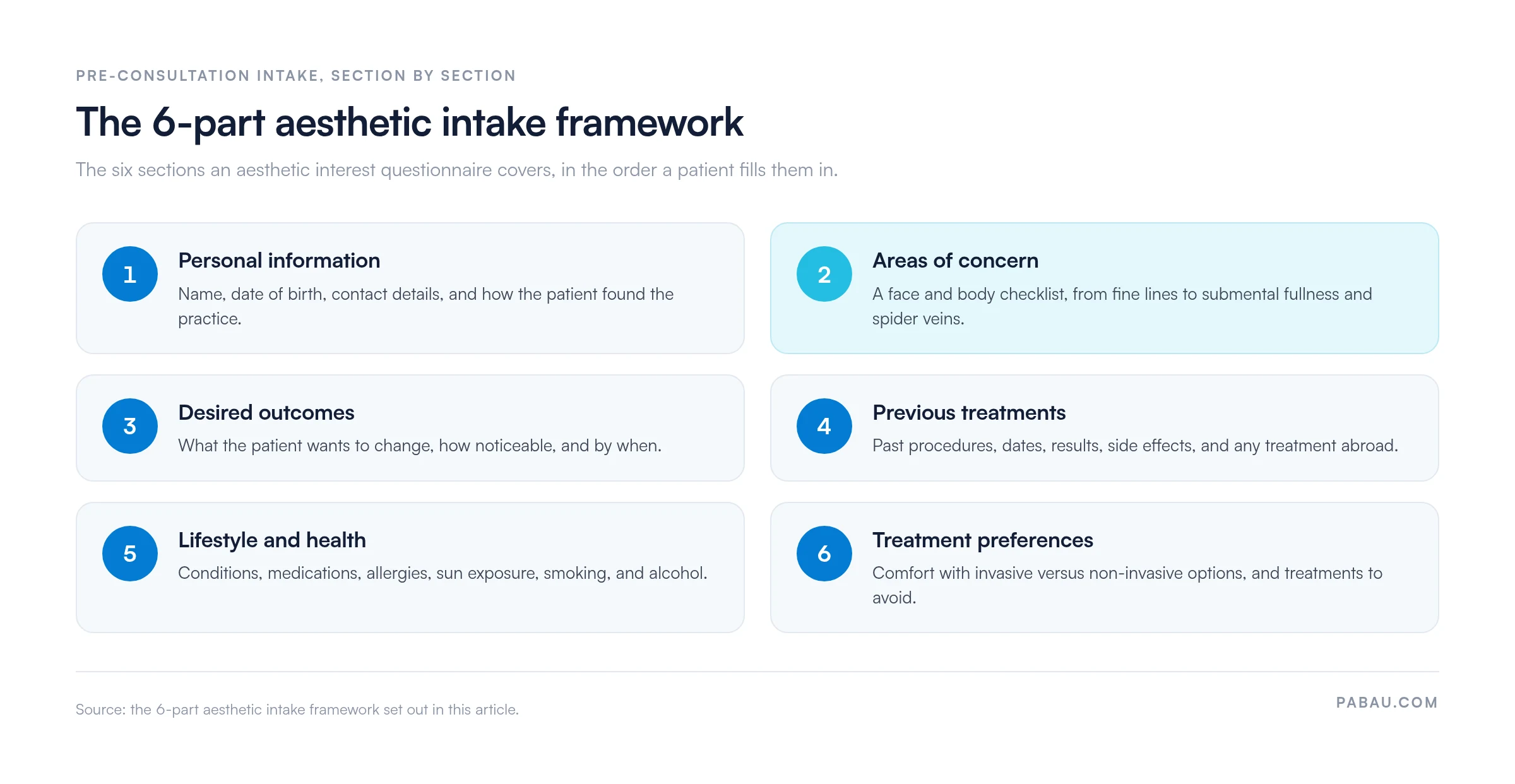 Diagram of the 6-part aesthetic intake framework.