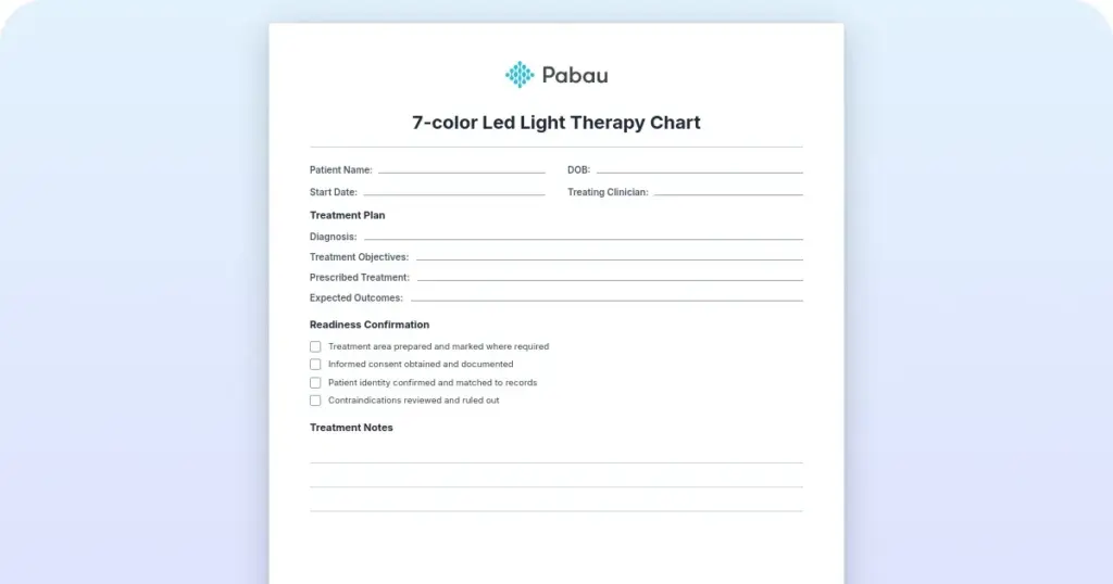 7-color LED light therapy chart: Free PDF template preview from Pabau