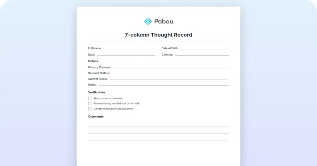 7-column thought record for cognitive restructuring preview from Pabau