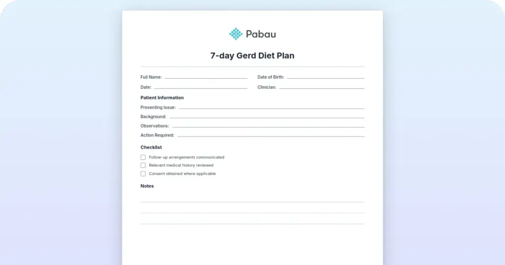 7-Day GERD diet plan template preview from Pabau