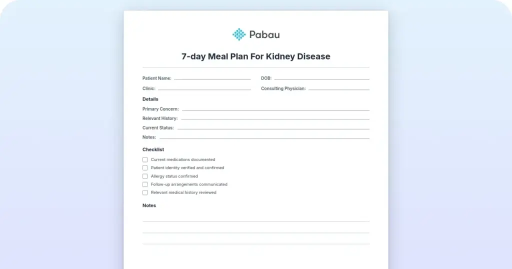 7-Day meal plan for kidney disease: Free template and how to use preview from Pabau