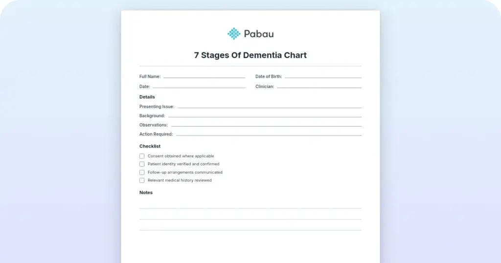 7 Stages of dementia chart preview from Pabau