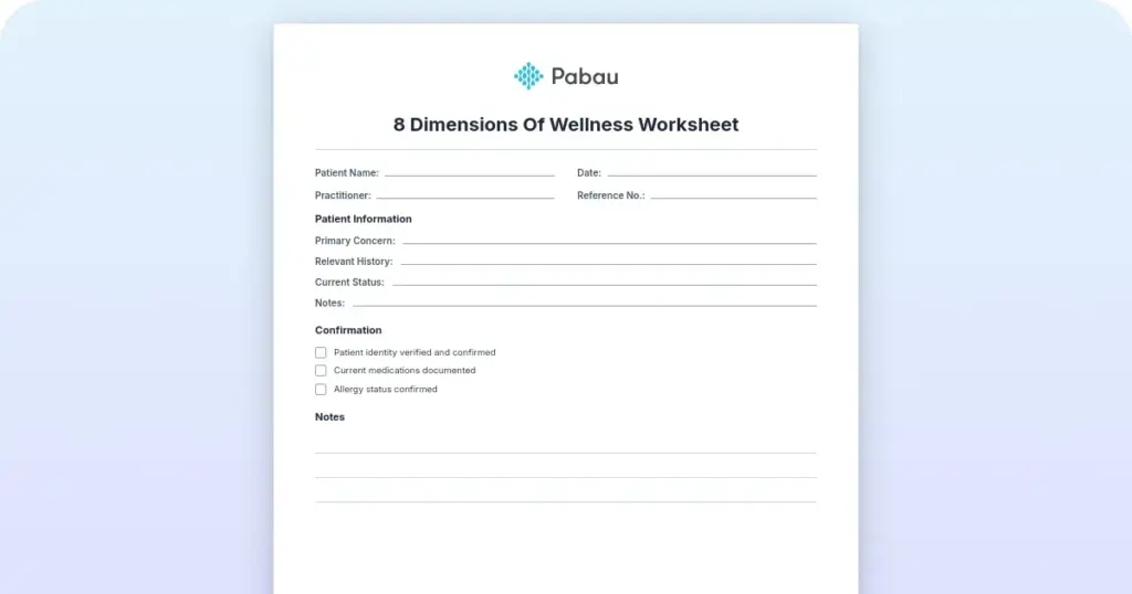 8 Dimensions of wellness worksheet preview from Pabau