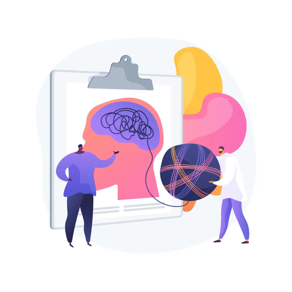 A simple brain illustration with two people representing ideas, collaboration, and mental activity.