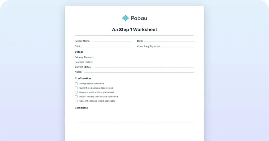AA Step 1 worksheet preview from Pabau