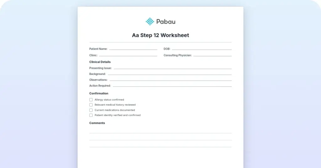 AA Step 12 worksheet: Free reflection prompts and printable PDF preview from Pabau