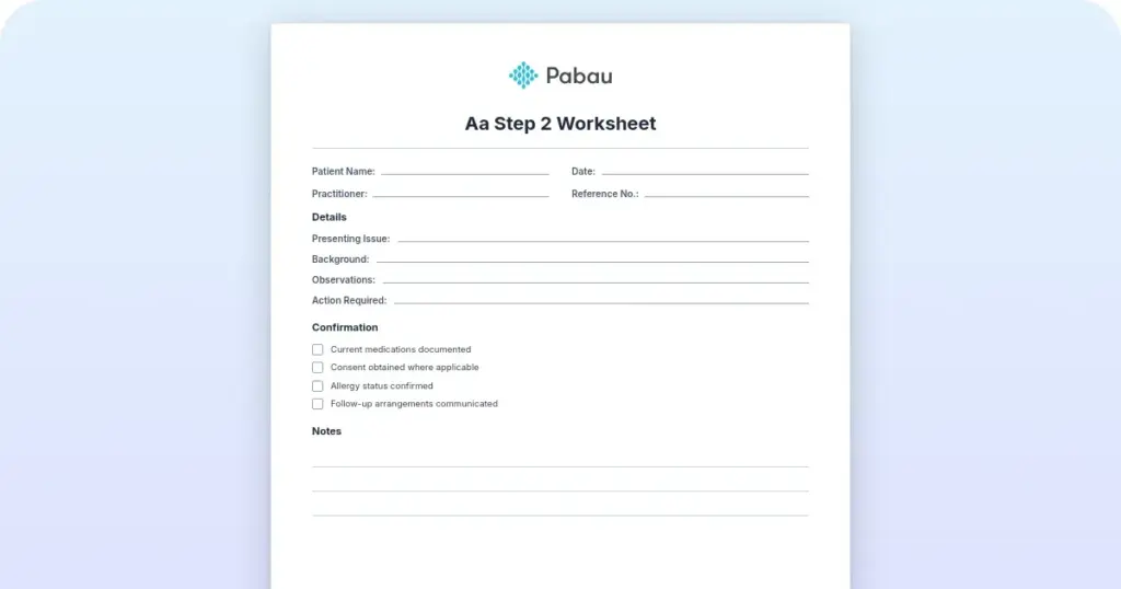 AA Step 2 worksheet preview from Pabau