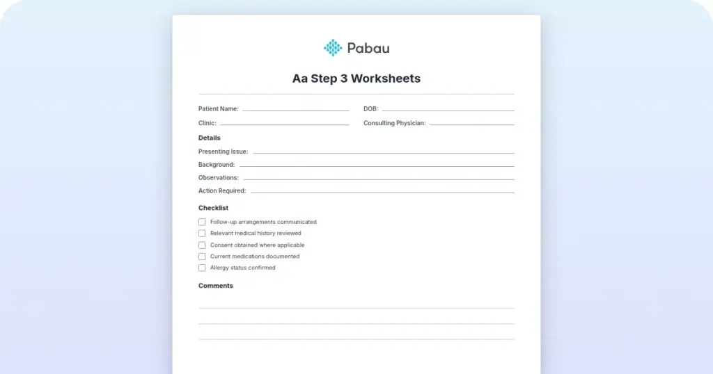 AA step 3 worksheet preview from Pabau