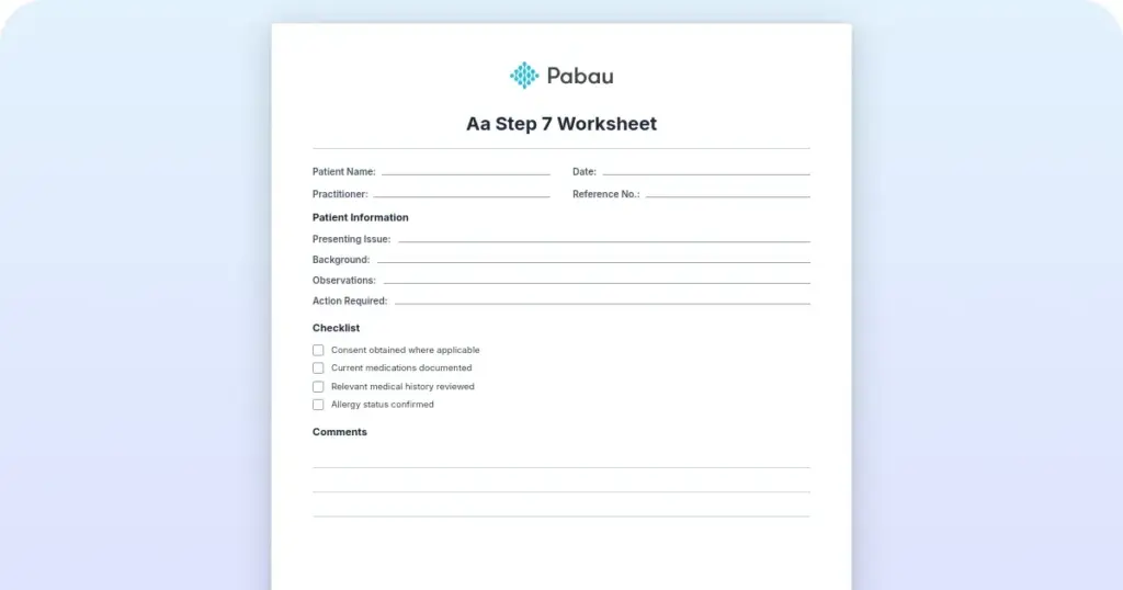 AA Step 7 worksheet: Free template preview from Pabau